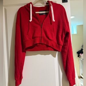 Katie J NYC Cropped Red Zip Hoodie with White Drawstrings